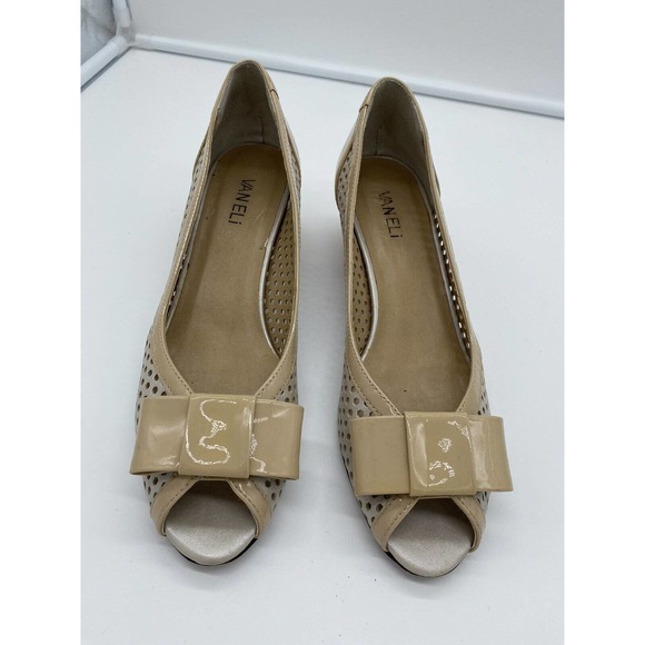 Vaneli Women’s Peep Toe Perforated Patent Leather Cork Wedge Beige Tan Size 9N - Picture 2 of 6